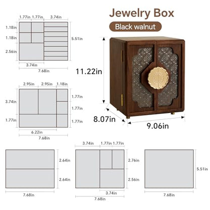 Black Walnut Wood Jewelry Box for Women, Large | Velvet Lined, 5 Drawers & Brass Feet, Earring Organizer, Traditional Chinese Pattern Handles - size: Double doors