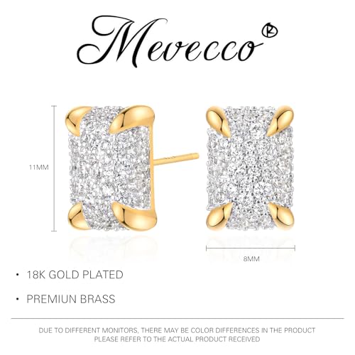 MEVECCO Pave Cubic Zirconia Stud Earrings for Women, 18K Gold Plated Brass | Pave CZ Fronts, Curved Gold Plated Edge Accents, Soft Motifs and Clean Geometric Styles - style: rectangle