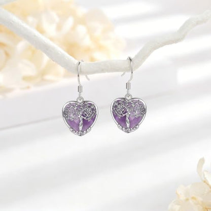 AEONSLOVE Tree of Life Crystal Earrings with Sterling Silver Ear Hooks, Dangle Drop Tree Earrings Gifts for Women - style: A01-Amethyst-Heart