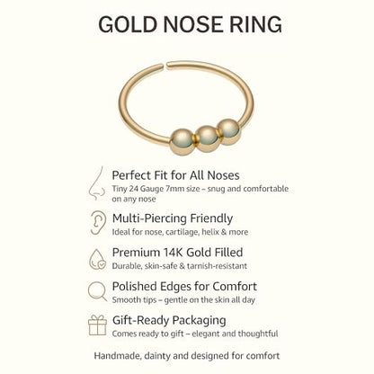 Jolliz Beaded Nose Rings Hoops – 24 Guage Nose hoops Handmade with Classic Design, Hypoallergenic Nose Rings for Women, Nose Piercings for Stylish Everyday Wear - color: Gold