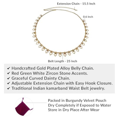 Duel On Jewel Indian Kamarbandh Waist Belt for Women, Gold Plated Waist Belly Dancer’s Chain with Zircon Accents, Adjustable Bridal Wedding Dandiya Party Dance Jewelry, Traditional Ethnic Hip Chain - style: Bollywood