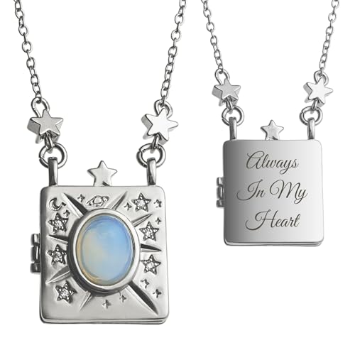 Personalized Color Print Photo Locket Custom Text Engraved Pendant Gold Tone Opal Star Moon Charm Necklace Gift - style: Text (Silver)