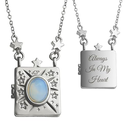 Personalized Color Print Photo Locket Custom Text Engraved Pendant Gold Tone Opal Star Moon Charm Necklace Gift - style: Text (Silver)