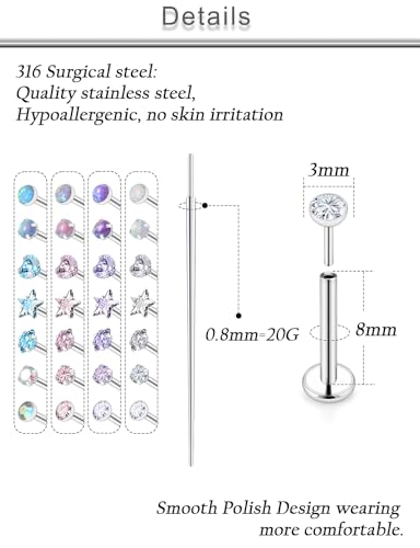 20G 18G 16G Threadless Lip Labret Nose Rings Studs Flat Back Earrings 316L Surgical Steel Snake Bites Lip Medusa Monroe Rings Push in Cartilage Tragus Helix Conch Earrings Studs 6mm 8mm 10mm - color: Silver-20G（0.8mm)-8mm Bars-3mm CZ