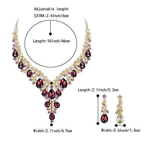 BriLove Women's Wedding Bridal Austrian Crystal Teardrop Flower Cluster Statement Necklace Dangle Earrings Jewelry Set for Party Prom - color: 2Pcs-Deep Amethyst Color Gold-Tone