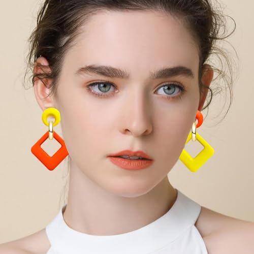 70s 80s Vintage Resin Neon Square Dangle Drop Earrings Simplicity Acrylic Hollow Round Circle Geometry Stud Earrings for Women - style: Yellow Orange