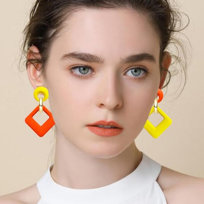 70s 80s Vintage Resin Neon Square Dangle Drop Earrings Simplicity Acrylic Hollow Round Circle Geometry Stud Earrings for Women - style: Yellow Orange