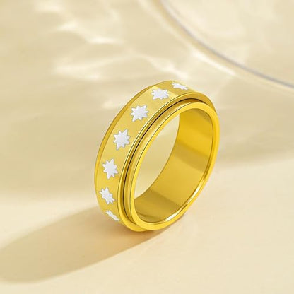 Fidget Anxiety Rings for Women 14K Gold Silver Plated Spinner Band Ring 8mm Thick Stainless Steel Statement Rings Jewelry Gifts Size 6-10 - color: Gold-Star