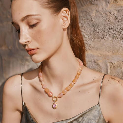Chunky Colorful Bead Necklace Summer Fashion Statement Boho Beaded Chunky Necklace for Women Adjustable Length Lightweight Cool Suitable for Beach Vacation Daily Wear & Summer Parties - color: Pink-A