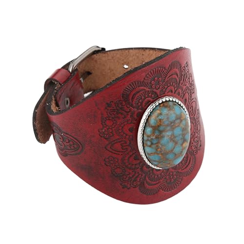 HZMAN Vintage Turquoise Leather Bracelet, Adjustable Punk Sunflower Cuff Bracelet for Men Women - color: Red