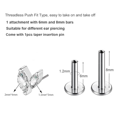 G23 Titanium Flat Back Earrings Studs 16g F136 Implant Grade Titanium Labrets Press Fit Threadless Push In Dainty Cartilage Helix Conch Lobe Lip Tragus Piercing Jewelry - style: 1pcs 2eye Clear