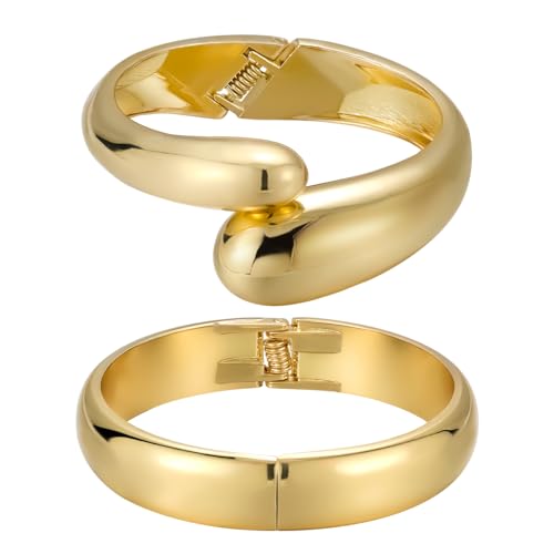 Emibele Cuff Bracelet Stack, 18K Gold-plated Open Bangle Bracelet, Teardrop Hinged Thick Wrist Chunky Bracelet Set for Women, Non Tarnish Jewelry Gift, 2 Pack - color: Gold