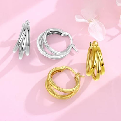 Sterling Silver 18K Gold Plated Women's Earrings Hypoallergenic Hoops, Dainty Trendy Jewelry Gift - color: Golden | Gold Triple Hoop Earrings