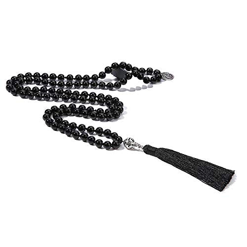 108 Mala Beads Necklace Semi-Precious Gem Stones Meditation Necklace 108 Hand Knotted Japa Mala Beaded Tassel Necklace with Tree of Life Pendant - color: Natural Black Agate
