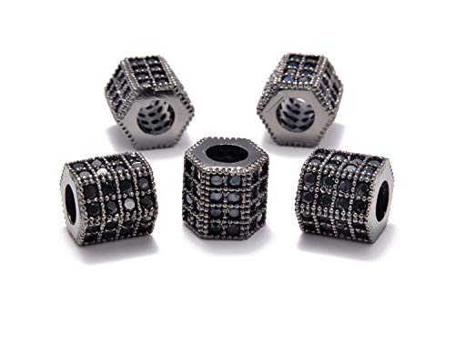 AD Beads Zircon Pave Rhinestones Big Hole Hexagon Spacer Beads 7x8mm 5Pcs Black on Gunmetal - color: 5 Pcs Black on Gunmetal Hexagon (7x8mm)