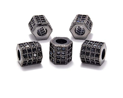 AD Beads Zircon Pave Rhinestones Big Hole Hexagon Spacer Beads 7x8mm 5Pcs Black on Gunmetal - color: 5 Pcs Black on Gunmetal Hexagon (7x8mm)