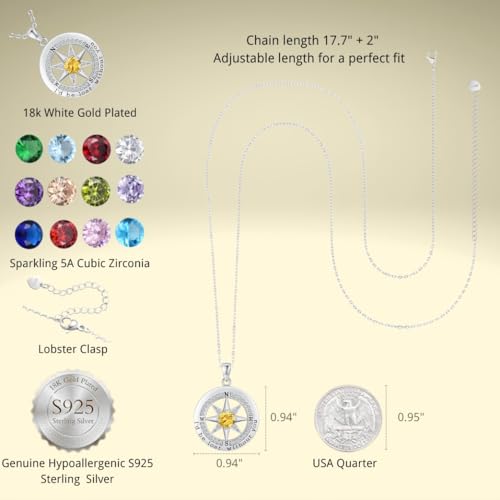 Compass Necklace for Women Wife Girlfriend Mom Daughter Gifts | S925 Silver Jewelry For Anniversary 18K Rose Gold Gifts For Birthday Christmas Mothers Valentines Day 12 Birthstones - style: 11-November-Silver
