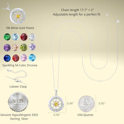 Compass Necklace for Women Wife Girlfriend Mom Daughter Gifts | S925 Silver Jewelry For Anniversary 18K Rose Gold Gifts For Birthday Christmas Mothers Valentines Day 12 Birthstones - style: 11-November-Silver