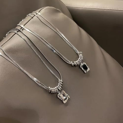 Modern Layered Snake and Curb Chain Necklace for Women, 18K Gold Plated Silver Tone Geometric Rectangular Crystal Pendant, Industrial Chic Bead Accents, Edgy Fashion Jewelry for Parties and Night Out