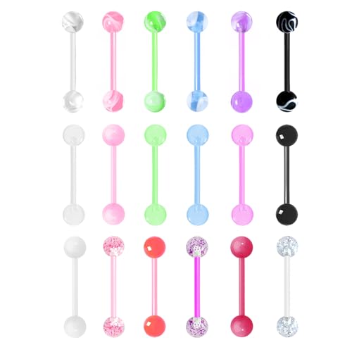 18Pcs 14G Acrylic Tongue Barbells Rings Candy Color Tongue Piercing Jewelry Glow in Dark Plastic Flexible Nipple Ring Straight Barbell for Women Men 16mm