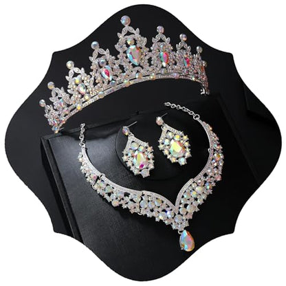 Tiaras and Crowns for Women,Tiaras Earrings Necklace, Crystal Bridal Jewelry Set - color: Silver AB