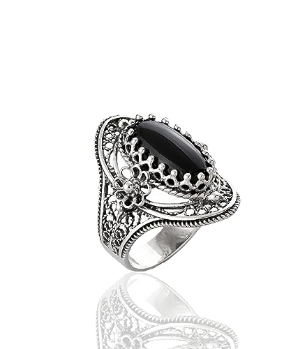 Filigranist 925 Sterling Silver Handcrafted Filigree Art Flower Pattern Woman Oval Statement Ring, Gift Boxed - color: Black Onyx