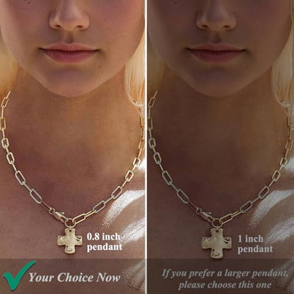 Bheop Chunky Cross Necklace for Women, 14K Gold Silver Statement Necklace | Sturdy Paperclip Chain, Hammered Pendant, Vintage Charm, Trendy Costume Jewelry, Faith Christian Religious Gift, Non Tarnish - style: GD-Cross Necklace(0.8 inch Pendant)