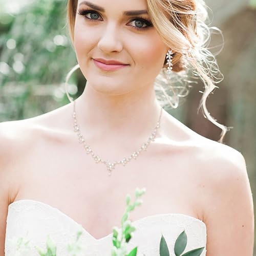 EVER FAITH Cubic Zirconia Pearl Leaf Vine Wedding Jewelry Set for Bride | Crystal Filigree Bridal Necklace Earrings, for Women Bridesmaid - color: 2pcs_White Silver-Tone