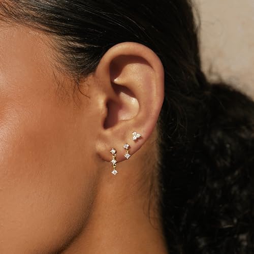 Gold Plated Earrings for Women, 14k Gold Plated Earring Stack Hypoallergenic Pearl Drop Earring Dainty Earrings for Women Trendy Cute Small Huggie Hoop Earring Fashion Womens Jewelry - color: 3 CZ stud