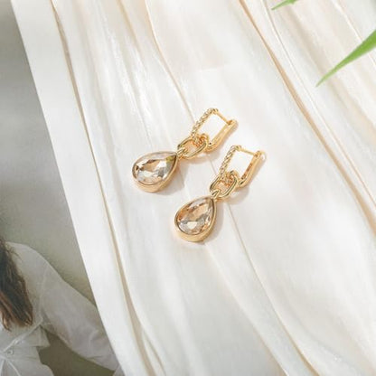 Crystals Teardrop Dangle Drop Earrings, 18K Gold Plated Hoop Earrings Zirconia Jewelry for Women Gifts - color: Champagne-Long