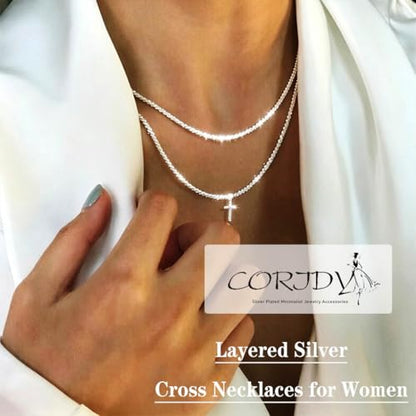 Layered Plated Silver Cross Necklace Sparkle Chain Dainty Jewelry for Women - color: A-Style