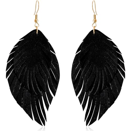 Handmade Bohemian Large Soft Genuine Leather Fringe Double Feather Dangle Drop Earrings Lightweight Simple Color PU Leaf Hook Earrings for Women - color: Black