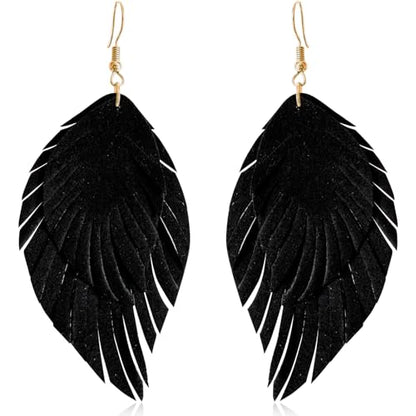 Handmade Bohemian Large Soft Genuine Leather Fringe Double Feather Dangle Drop Earrings Lightweight Simple Color PU Leaf Hook Earrings for Women - color: Black