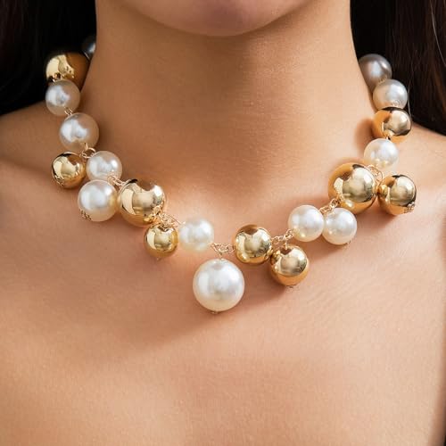 CSIYANJRY99 Chunky Pearl Necklace for Women Big Faux Pearl Beaded Strand Necklace Wedding Prom Jewelry for Women - color: gold