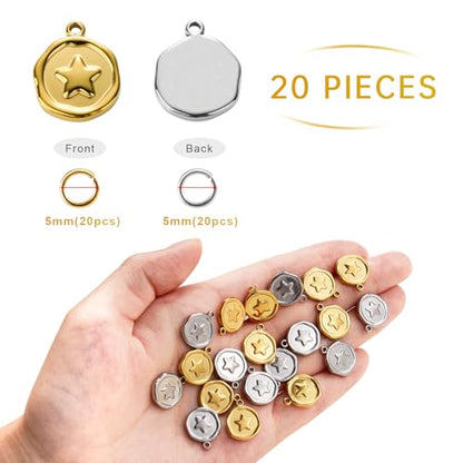 Stainless Steel Charms Bulk for Jewelry Making Round Star Charm Pendant for Bracelet DIY Jewelry Supplies - color: Star Gold Silver