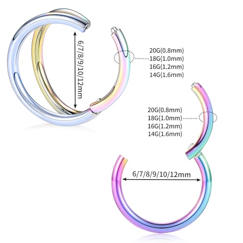 GAGABODY 2 Pcs Nose Rings 22G 20G 18G 16G 14G 12G 10G 8G Surgical Steel Piercing Rings for Nose Septum Cartilage Helix Tragus Conch Rook Daith Lobe from 5mm to 16mm Seamless Hoop Unisex Hinged Earrings - color: Rainbow-Single&Double Hoop