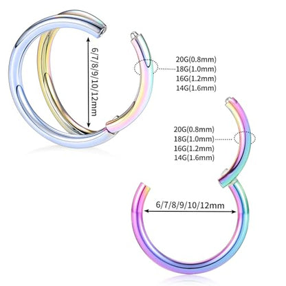 GAGABODY 2 Pcs Nose Rings 22G 20G 18G 16G 14G 12G 10G 8G Surgical Steel Piercing Rings for Nose Septum Cartilage Helix Tragus Conch Rook Daith Lobe from 5mm to 16mm Seamless Hoop Unisex Hinged Earrings - color: Rainbow-Single&Double Hoop