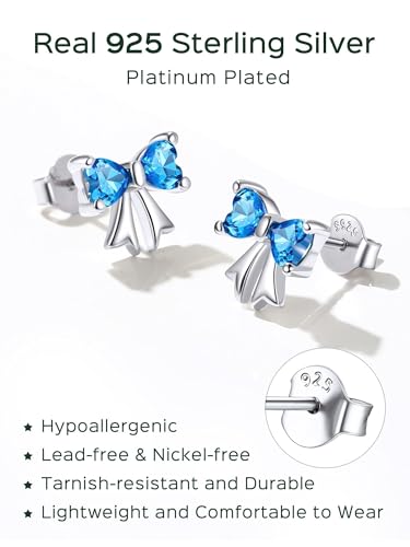 ChicSilver 925 Sterling Silver Bow/Butterfly Earrings for Women Hypoallergenic Birthstone Earrings Dainty Bow/Butterfly Jewelry Gift for Women - color: Bow-December-Blue Topaz