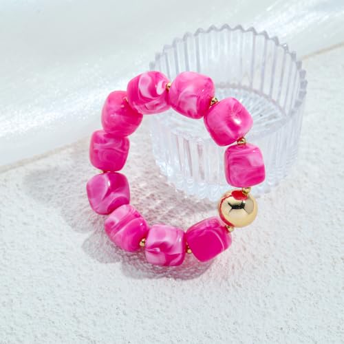 Multicolor Chunky Beaded Bracelet for Women Bold Acrylic Resin Stretch Bracelet Summer Beach Statement Bracelets Trendy Elastic Bangle Jewelry - color: Bead bracelet-rose red