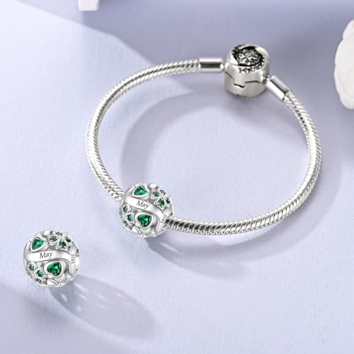 LNQOBU 925 Sterling Silve Lucky Birthstone Charm for Bracelets, With 5A Cubic Zirconia Birthday Charms Dangle Pendant Bead for Pandora Bracelets and Necklaces - color: E1-May