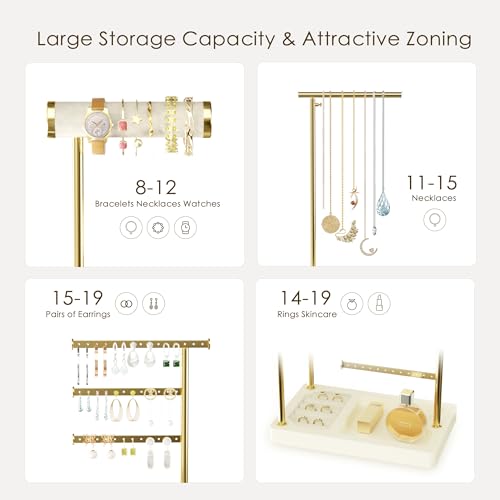 SZQINJI 5 Tier Jewelry Holder Organizer, Gold Necklace Stand Display, Beige | Velvet Bracelet Holder, Adjustable Height Jewelry Display for Necklaces, Bracelets, Earrings, Rings, Gift Idea for Women - color: Beige