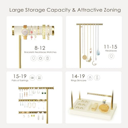 SZQINJI 5 Tier Jewelry Holder Organizer, Gold Necklace Stand Display, Beige | Velvet Bracelet Holder, Adjustable Height Jewelry Display for Necklaces, Bracelets, Earrings, Rings, Gift Idea for Women - color: Beige