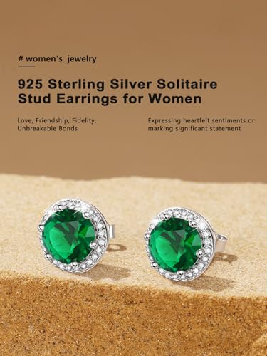 Bestyle Authentic 925 Sterling Silver 2 Carat Birthstone Earrings for Women, More Sparkle Heart/Round Solitaire Diamond Studs Earrings, Great Birthday/Christmas/Anniversary Jewelry for Wife Mother - color: 05. May Emerald-Round