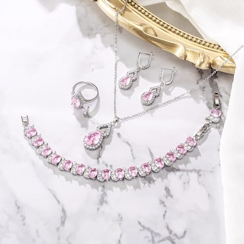 Wedding Jewelry Set for Women Bride Bridesmaid | Gorgeous Cubic Zirconia Teardrop Necklace Earrings Bracelet Adjustable Ring Jewelry Gift for Birthday/Anniversary - color: 14-Pink Silver-Tone