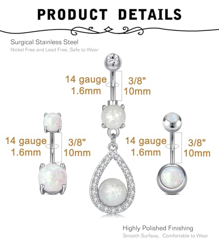 MODRSA Gold Belly Button Ring Dangle Belly Rings Silver Pink Dangling Dangly Belly Button Piercing Hypoallergenic Surgical Steel Opal Butterfly Navel Rings for Women Cute Dainty Navel Jewelry - color: E2- Mix opal 5pcs - silver