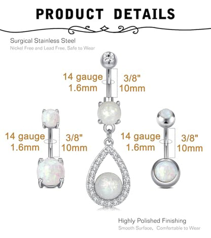 MODRSA Gold Belly Button Ring Dangle Belly Rings Silver Pink Dangling Dangly Belly Button Piercing Hypoallergenic Surgical Steel Opal Butterfly Navel Rings for Women Cute Dainty Navel Jewelry - color: E2- Mix opal 5pcs - silver