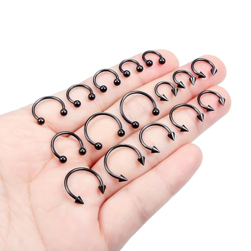 Hoeudjo 16G Horseshoe Septum Rings with Ball Grabber Tool Hypoallergenic Surgical Steel Septum Piercing Jewelry Lip Rings for Women Men Diameter 6mm 8mm 10mm 12mm - color: black