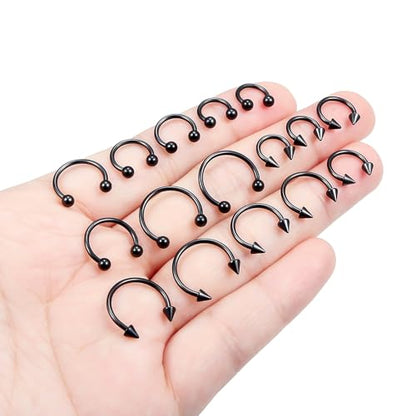 Hoeudjo 16G Horseshoe Septum Rings with Ball Grabber Tool Hypoallergenic Surgical Steel Septum Piercing Jewelry Lip Rings for Women Men Diameter 6mm 8mm 10mm 12mm - color: black
