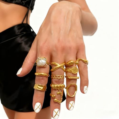 Gold Rings for Women Non Tarnish Stackable Rhinestone Moon Star Rings Dainty Stacking Pearl Butterfly Midi Pinky Thumb Joint Finger Knuckle Ring Set Gold Non Tarnish Jewelry Gifts Trendy Stuff - color: G Chunky Gold Rings 12Pcs