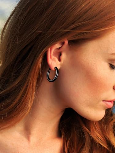 FindChic Hoop Earrings for Women, Silver/Black/14K Gold Plated Hypoallergenic Hollow Round Tube Loop Earrings, 20mm/30mm/40mm/60mm/80mm Chunky Hoops with Custom Name Options & Gift Box - color: a.Black, size: 30MM